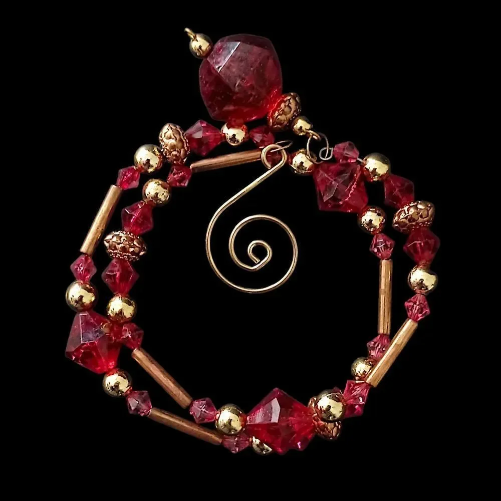 Beaded Memory Wire Ornament Spiral Dangle‎ Twist Sparkly Christmas Red Gold Tone
